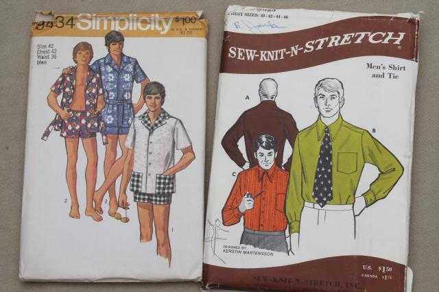 large lot vintage sewing patterns, disco retro 70s men's fashion styles young & hip