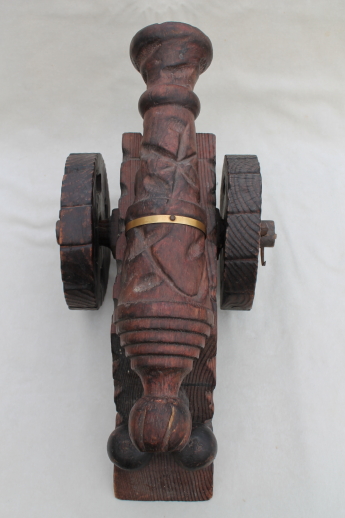 Large primitive carved wood cannon, vintage Caribbean pirate cannon souvenir
