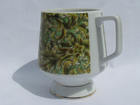 Large set mid-century mod 60s vintage coffee mugs, retro paisley print