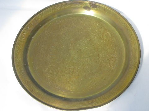 Large solid brass trays in graduated sizes, round chargers w/ etched designs