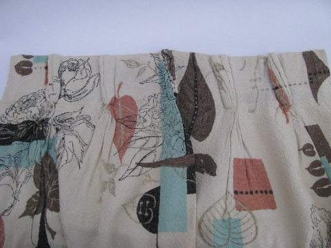 Leaf print drapes w/ blocks of retro colors, mid-century mod curtains