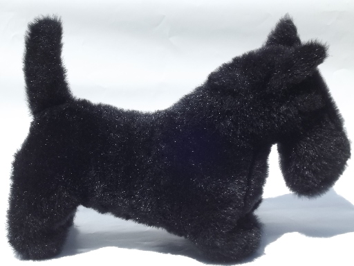 Life size toy Scotty dogs, large stuffed animal Scotties, one w/ plaid coat