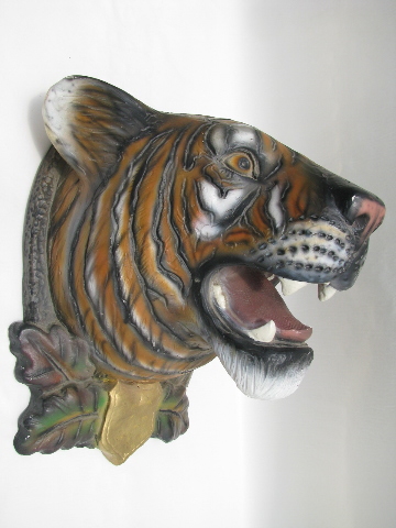 Life-size retro vintage chalkware tiger head mount, Hollywood regency