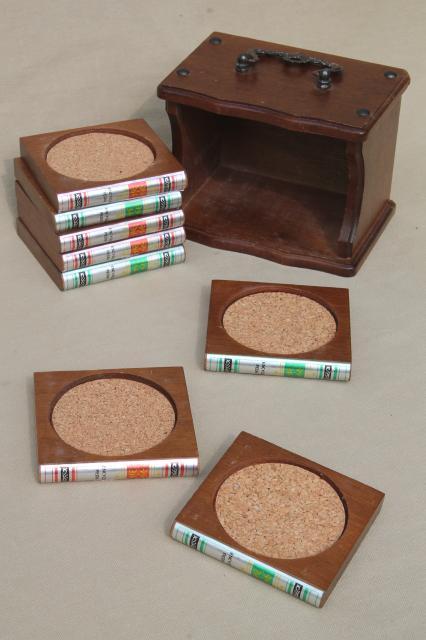 little library of drinks coasters, vintage cork wood coaster set in wood 'bookcase'