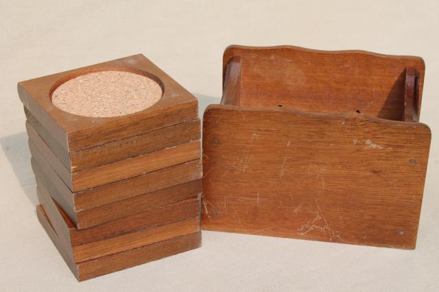 little library of drinks coasters, vintage cork wood coaster set in wood 'bookcase'