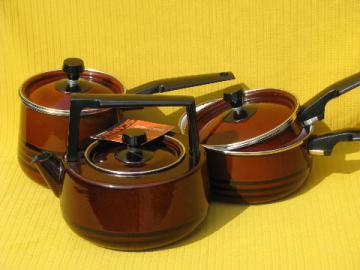 Lot 70s danish modern style pots and pans, Scandia West Bend, orig tag