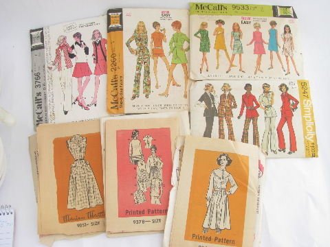 Lot 70s vintage sewing patterns, retro hippie pants, tops, dresses