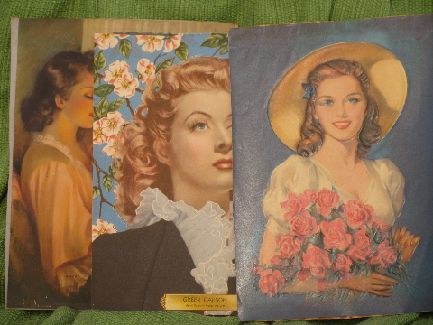 Lot of 40s vintage color litho prints, pretty girls and movie stars