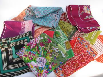 Lot of retro vintage scarves, silk & rayon, bright mod colors!