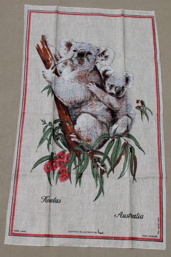 Lot of vintage linen kitchen towels, koala print linen towel collection