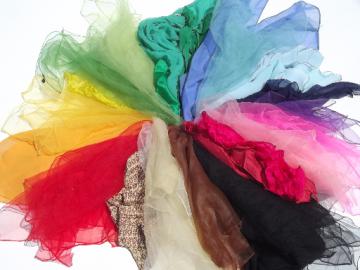 Lot of vintage scarves, sheer nylon chiffon, silk pocket squares, all colors!