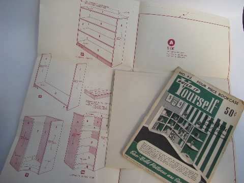 Lot retro 1950s vintage, woodworking drawing & plans for bookcase & dining counter