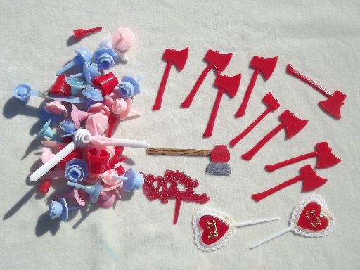 Lot vintage cake toppers & cupcake picks, plastic birthday party decorations