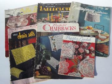 Lot vintage needlework pattern booklets, crochet lace linens tablecloths