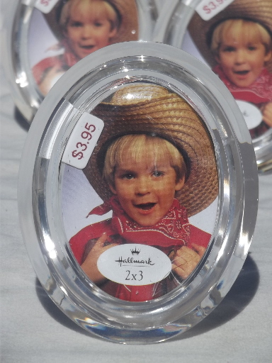 Lucite plastic miniature photo frames, Hallmark labels vintage 80s?