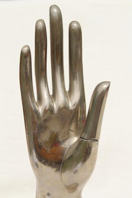 machine age vintage cast metal hand form, art deco glove or ring display gunmetal silver tone