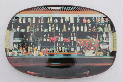 Mad men vintage cocktail tray with retro bottles back bar real photo print