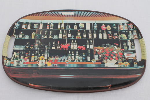 Mad men vintage cocktail tray with retro bottles back bar real photo print