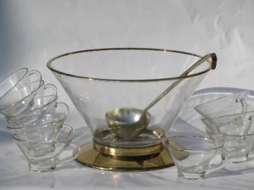 Mad men vintage mod glass punch set, brass stand bowl and flared cups