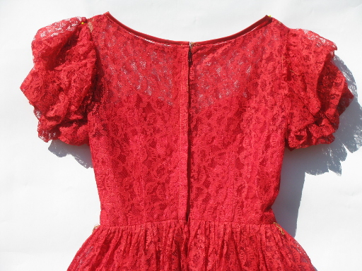Mad men vintage party dress, 50s red lace frock w/ short full skirt