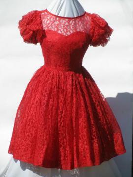 Mad men vintage party dress, 50s red lace frock w/ short full skirt
