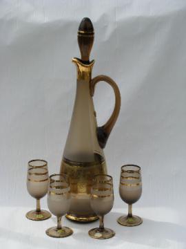 MCM retro smoke glass vintage Bohemia crystal decanter bottle / glasses