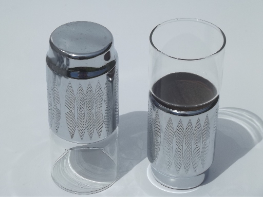 MCM vintage art deco  bar glasses w/ etched chrome holders, Chase / Farberware?