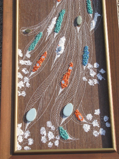 MCM wall art, retro gravel peacocks in danish modern teak wood frames