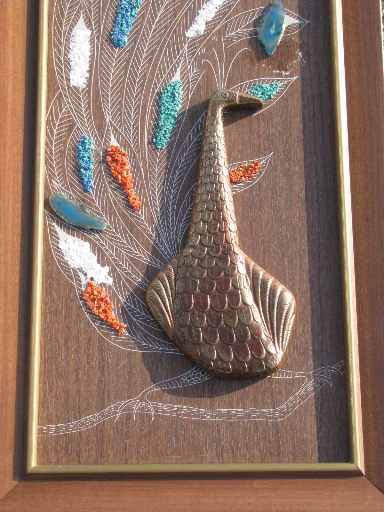 MCM wall art, retro gravel peacocks in danish modern teak wood frames