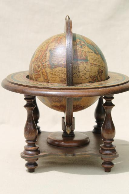 medieval style astrolabe sphere, decorative wood globe, 60s vintage desk accessory