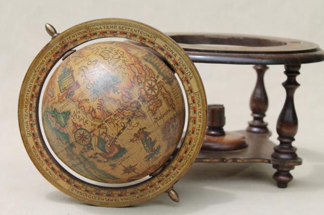 medieval style astrolabe sphere, decorative wood globe, 60s vintage desk accessory