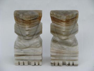 Mexican onyx carved stone book ends, retro Aztec design