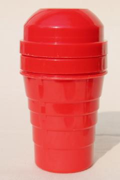 mid century mod Shel - Glo lipstick red plastic cocktail shaker mixer w/ juice reamer