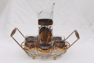 mid century mod vintage cocktail caddy rack w/ pitcher, roly poly glasses