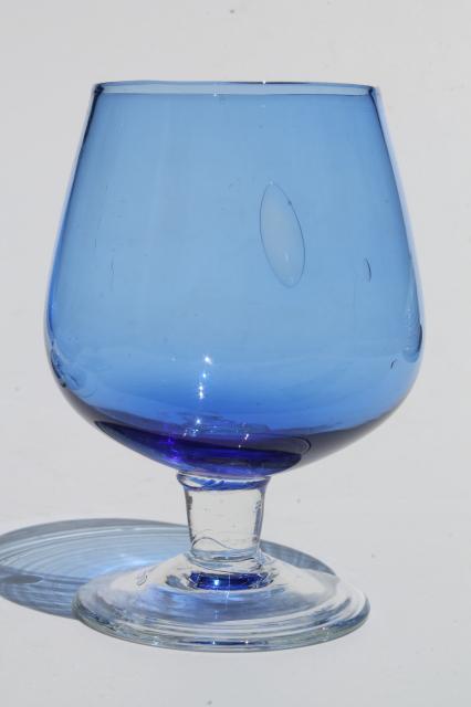 mid-century mod glass cocktail drinks set, cobalt blue clear stemmed glasses & pitcher