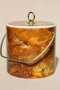 mid-century mod ice bucket, 60s glam gold marbled plastic mad men vintage