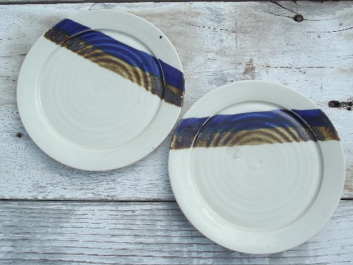 Mid-century mod Scandinavian modern pottery, blue brown stoneware plates