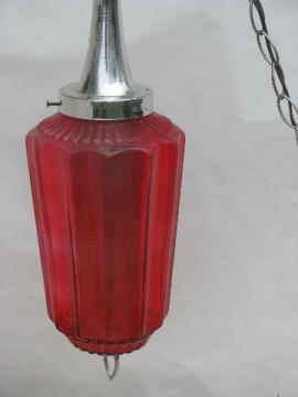 Mid-century mod swag lamp ceiling light, red stain glass shade w/ diffuser