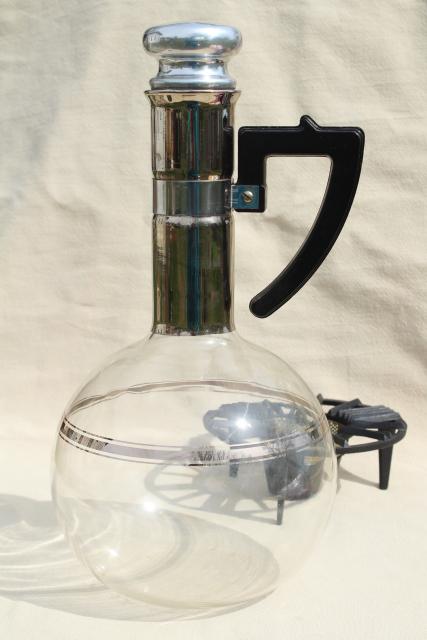 mid-century mod vintage Island glass coffee carafe, heat proof bottle w/ warming stand