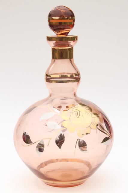 mid-century mod vintage barware, blush pink glass decanter bottle w/ gold