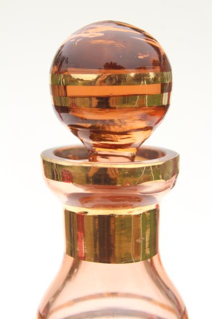 mid-century mod vintage barware, blush pink glass decanter bottle w/ gold