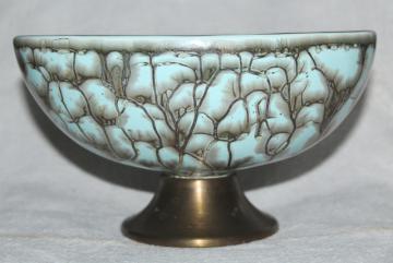 mid-century mod vintage ceramic planter, marbled aqua egg shape pedestal bowl