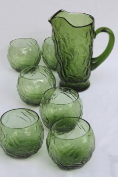 Mid-century mod vintage crinkled glass cocktail pitcher & round roly poly glasses