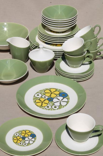 mid-century mod vintage dinnerware set for w/ retro blue & yellow daisy flowers
