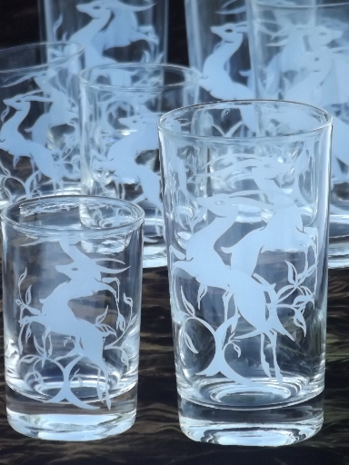 Mid-century mod vintage drinking glasses,  leaping gazelle bar glass set