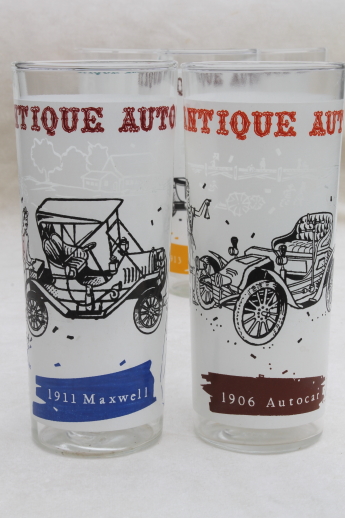 Mid-century mod vintage glasses in carrier rack, antique autos drinking glasses set