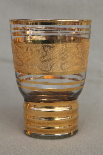 Mid-century mod vintage gold encrusted glass tumblers, retro bar drinks glasses set