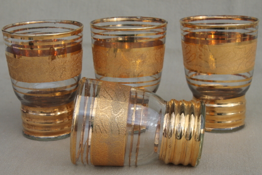 Mid-century mod vintage gold encrusted glass tumblers, retro bar drinks glasses set