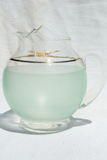 mid-century mod vintage lemonade pitcher, pale jade green frosted glass w/ gold band trim