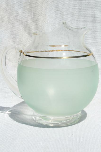 mid-century mod vintage lemonade pitcher, pale jade green frosted glass w/ gold band trim